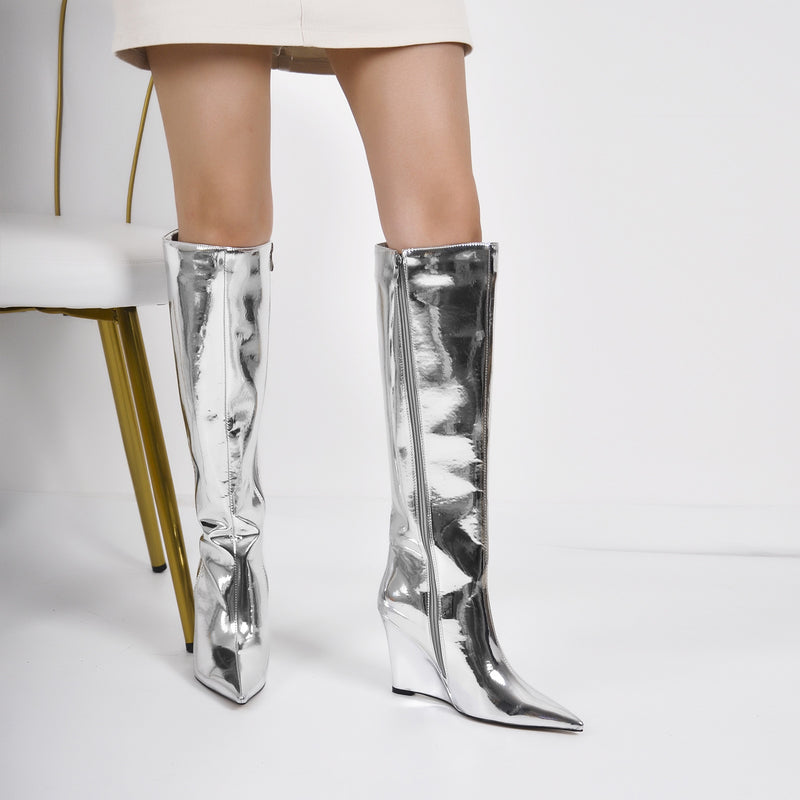 Pointed Toe Metallic Wedge Heel Knee High Boots