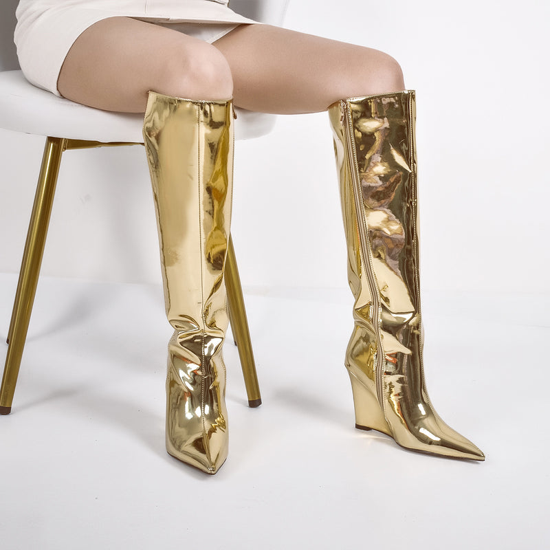 Pointed Toe Metallic Wedge Heel Knee High Boots