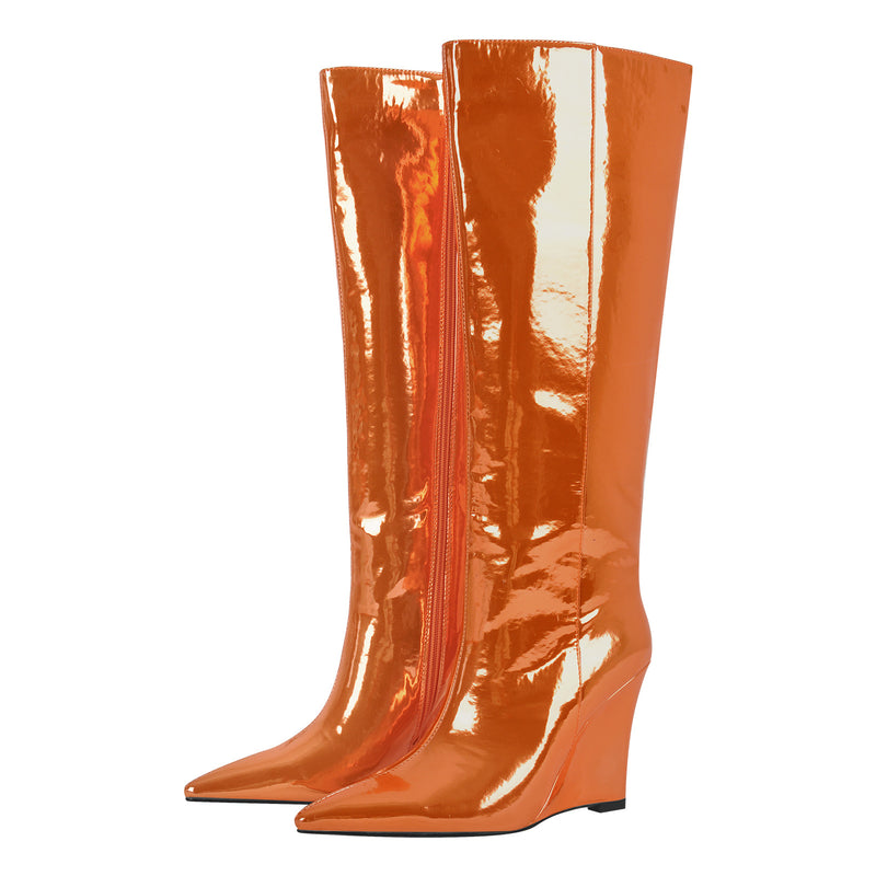 Pointed Toe Metallic Wedge Heel Knee High Boots