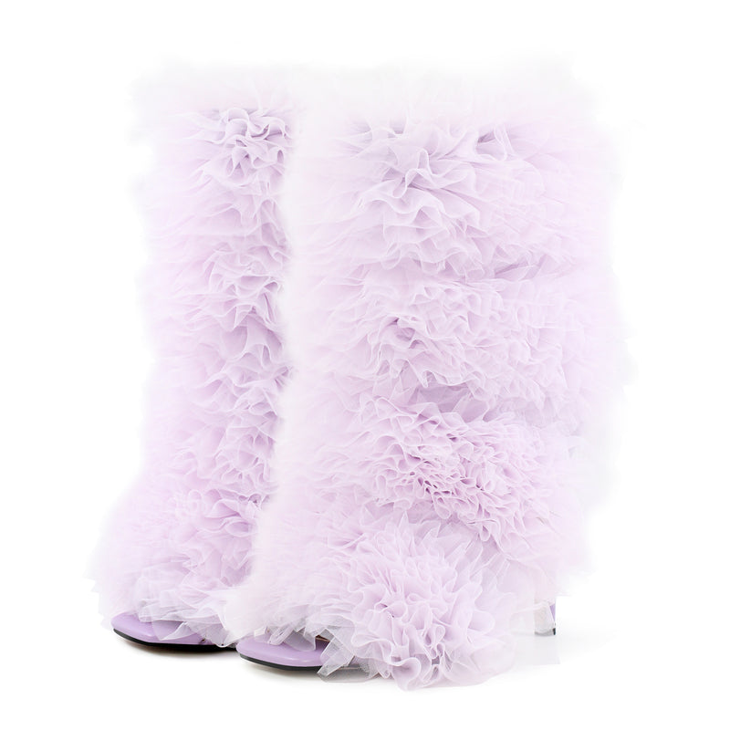 Purple Ruffled Lace Open Toe Stiletto Ankle Boots