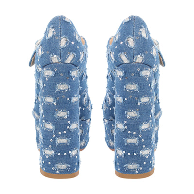 Denim Round Toe Platform Chunky Heels Pumps