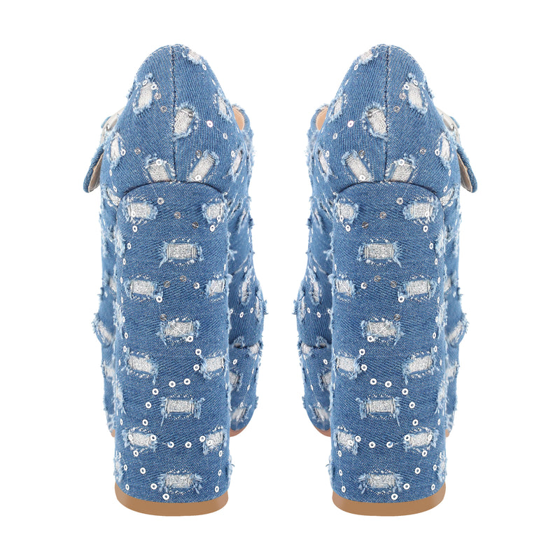 Denim Round Toe Platform Chunky Heels Pumps