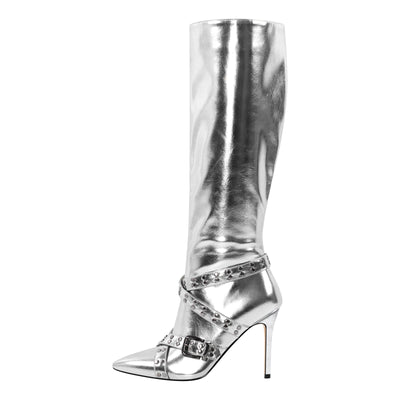 Metallic Pointed Toe Buckle Strap Knee High Boots