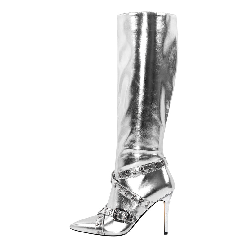 Straps Knee High Metallic Color Boots