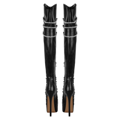 Chain Round Toe Platform Stilettos Over The Knee Boots