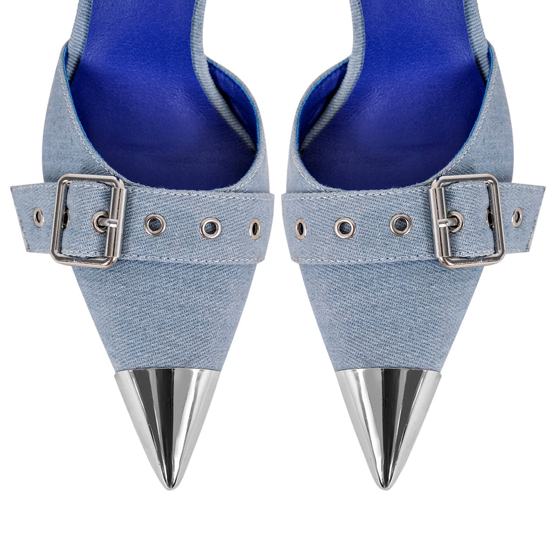 Pointed Metal Toe Stiletto Double Ankle Strap Denim Sandals