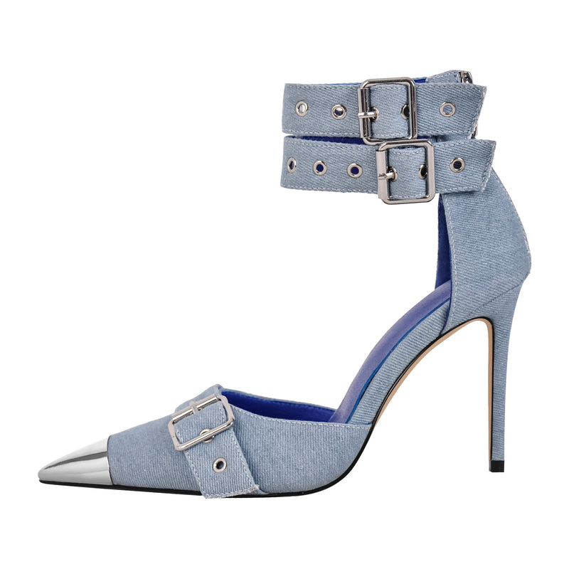 Pointed Metal Toe Stiletto Double Ankle Strap Denim Sandals