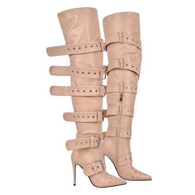 Multi Buckle Strap Thigh High Pointed Toe Stiletto Boots