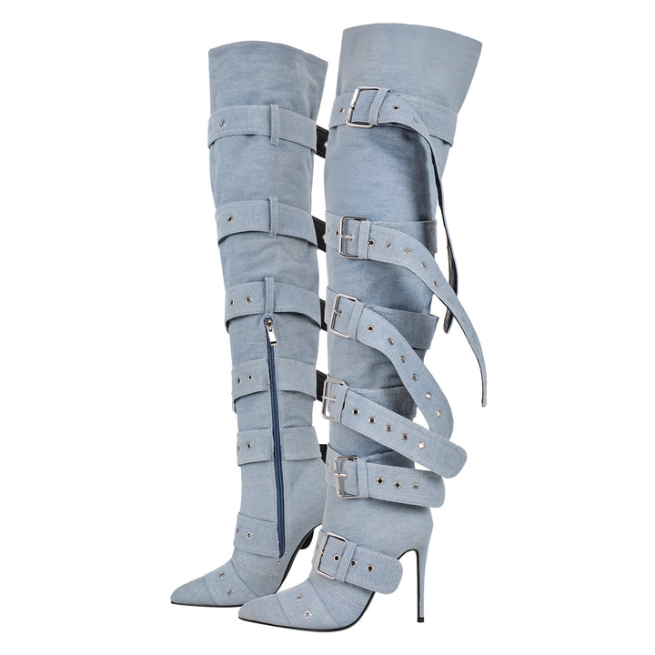 Multi Buckle Strap Thigh High Pointed Toe Stiletto Boots Beige / US15 Multi Buckle Strap Thigh High Pointed Toe Stiletto Boots Beige / US15