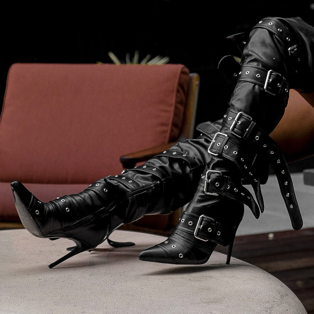Multi Buckle Strap Thigh High Pointed Toe Stiletto Boots Onlymaker Multi Buckle Strap Thigh High Pointed Toe Stiletto Boots Onlymaker