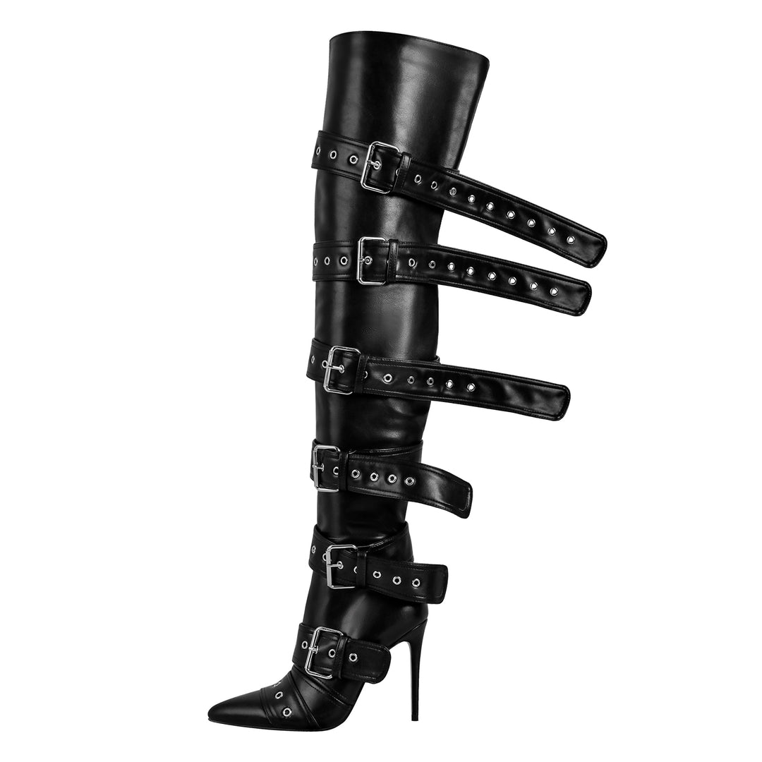 HILLEBERG - まなてぃ Multi Buckle Strap Thigh High Pointed Toe Stiletto Boots