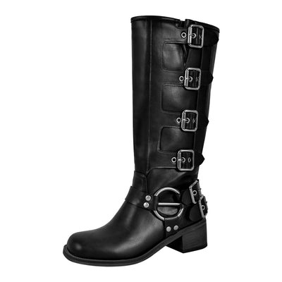 Round Toe Chunky Heel Buckle Strap Western Knee-High Boots