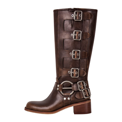Round Toe Chunky Heel Buckle Strap Western Knee-High Boots