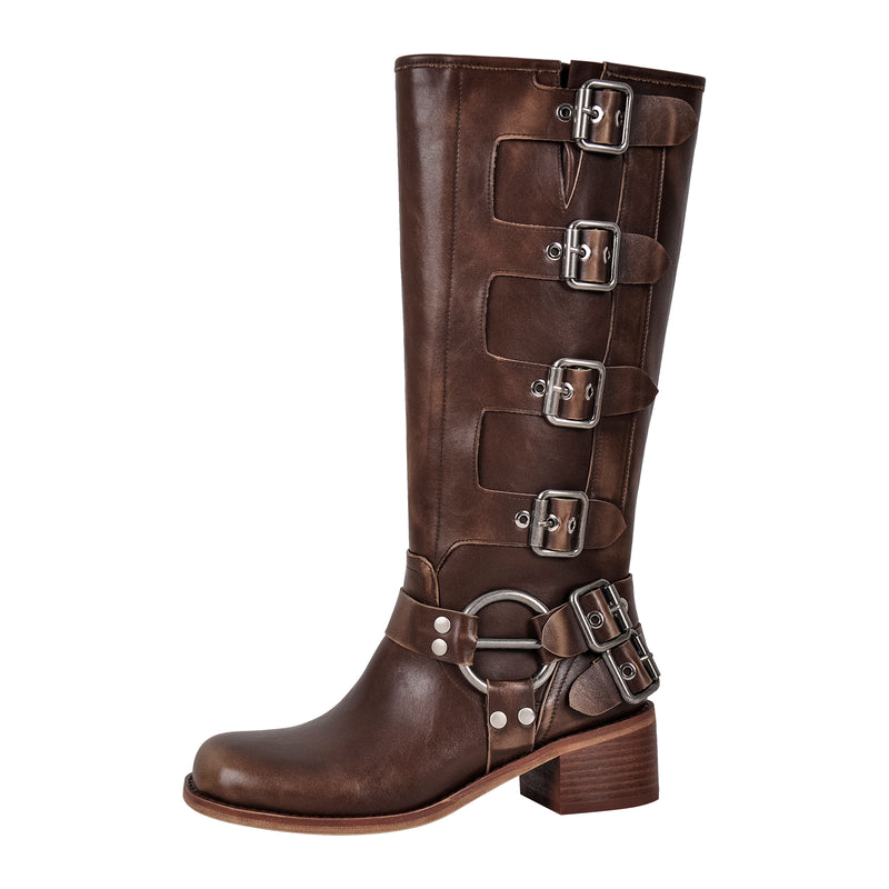 Round Toe Chunky Heel Buckle Strap Western Knee-High Boots
