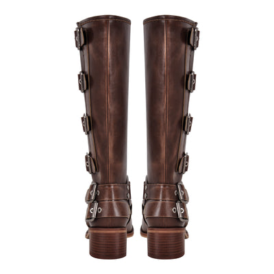 Round Toe Chunky Heel Buckle Strap Western Knee-High Boots