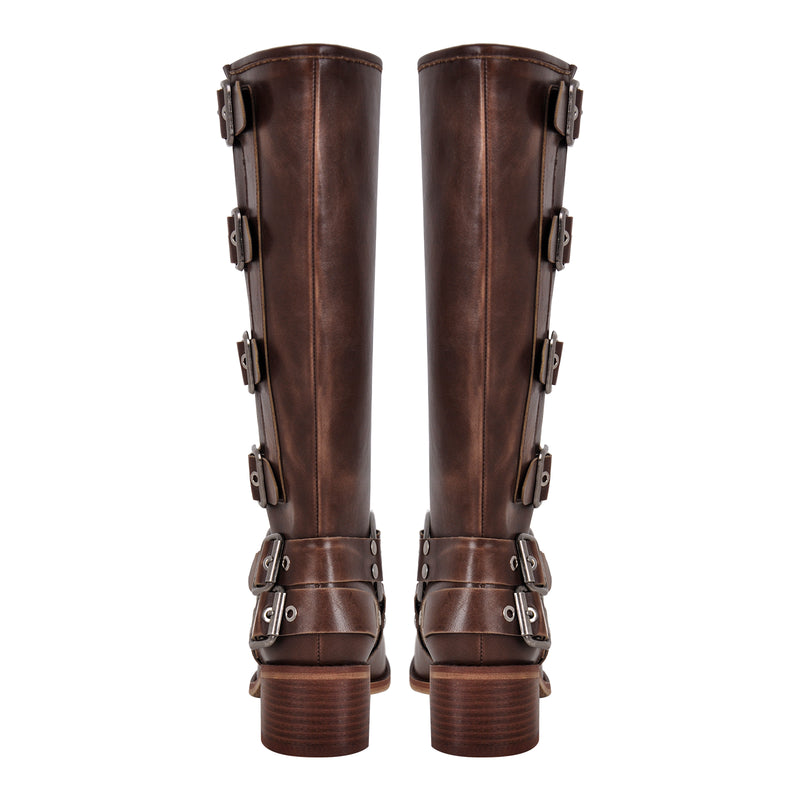 Round Toe Chunky Heel Buckle Strap Western Knee-High Boots