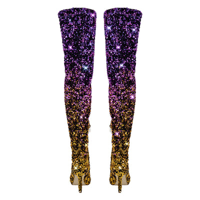 Sequins Gradient Color Pointed Toe Thigh High Stiletto Boots