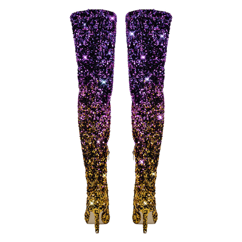 Sequins Gradient Color Pointed Toe Thigh High Stiletto Boots