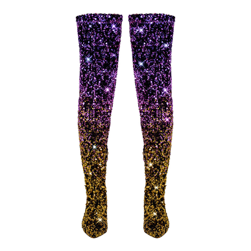 Sequins Gradient Color Pointed Toe Thigh High Stiletto Boots