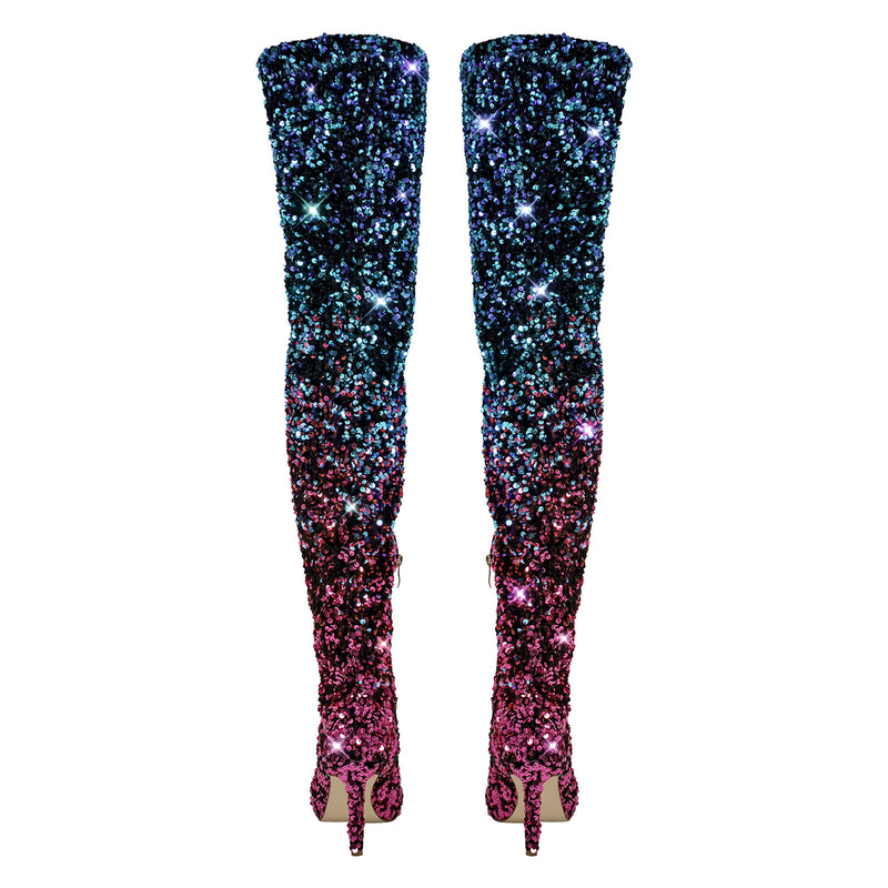Sequins Gradient Color Pointed Toe Thigh High Stiletto Boots
