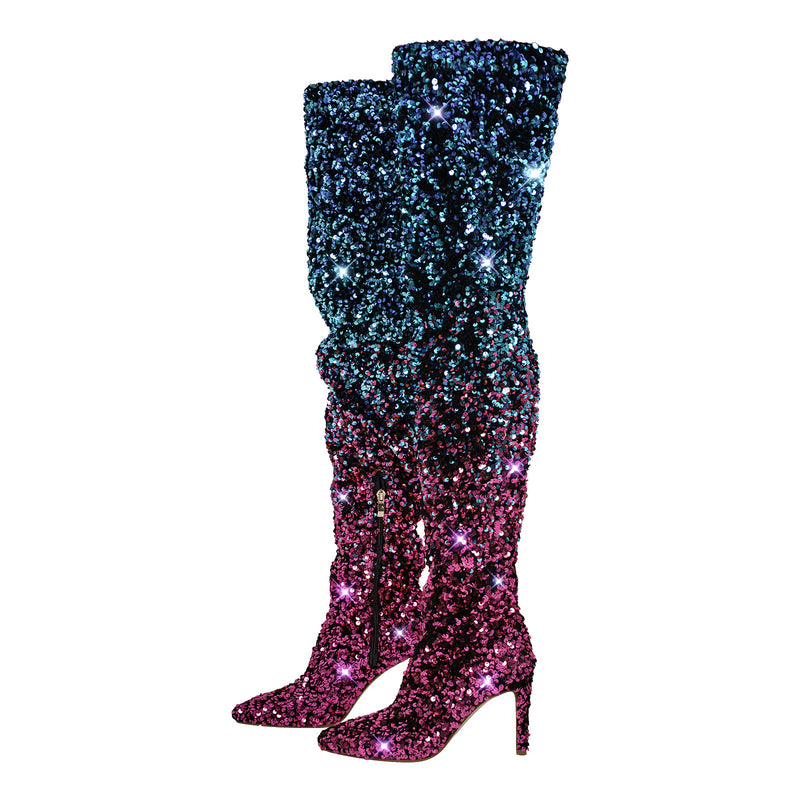 Sequins Gradient Color Pointed Toe Thigh High Stiletto Boots
