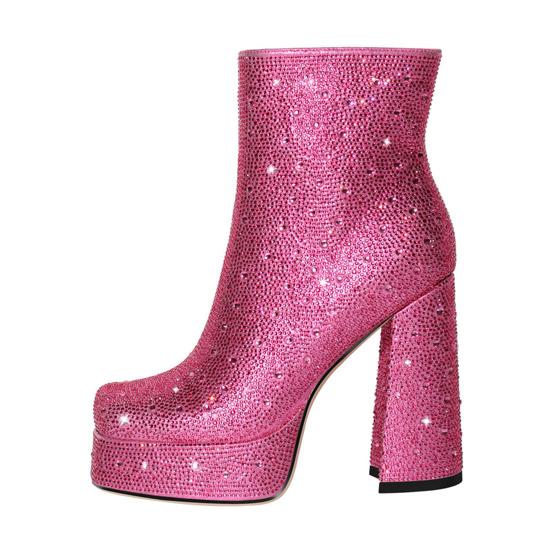 Rhinestone Platform Square Toe Chunky High Heels Ankle Boots