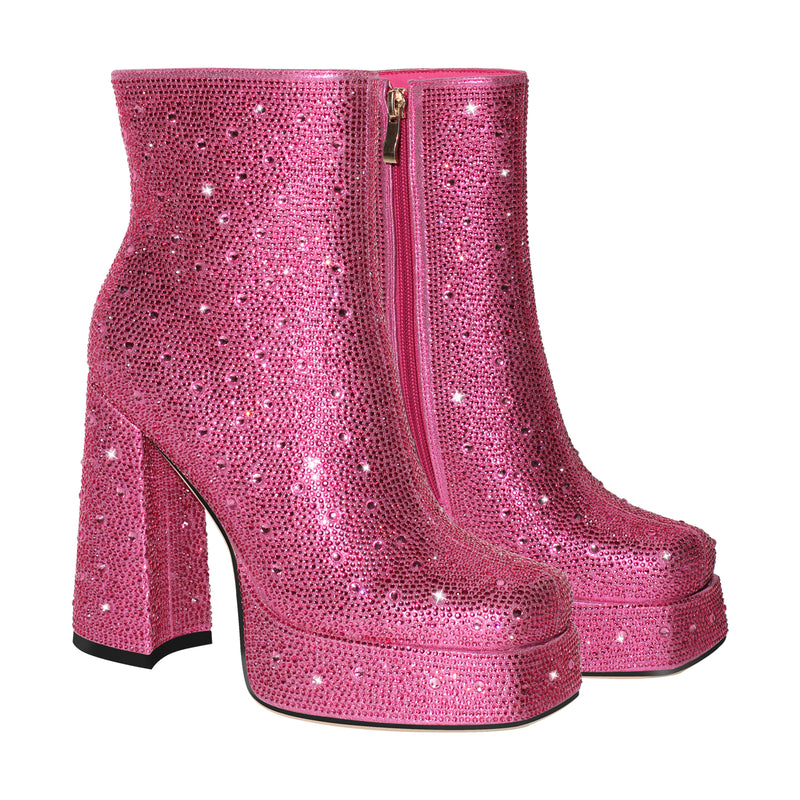 Rhinestone Platform Square Toe Chunky High Heels Ankle Boots