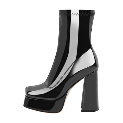 Patent Leather Square Toe Chunky Heel Ankle Boots