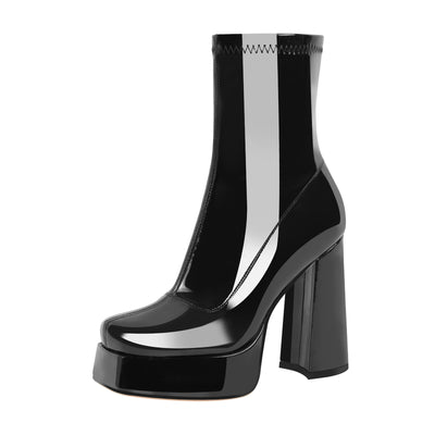 Patent Leather Square Toe Chunky Heel Ankle Boots