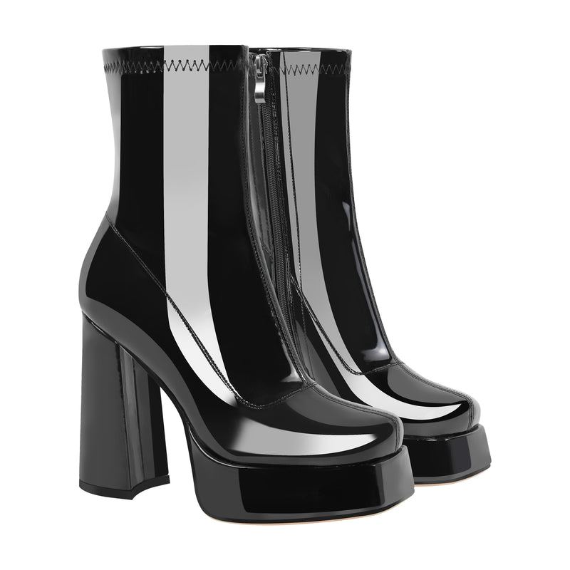 Patent Leather Square Toe Chunky Heel Ankle Boots