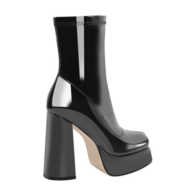 Patent Leather Square Toe Chunky Heel Ankle Boots