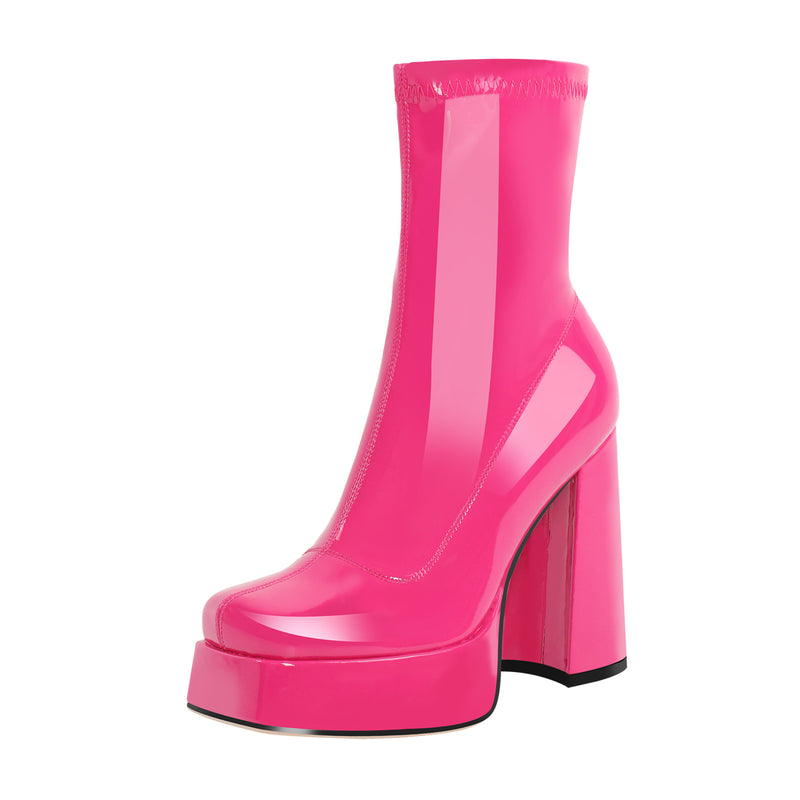 Patent Leather Square Toe Chunky Heel Ankle Boots