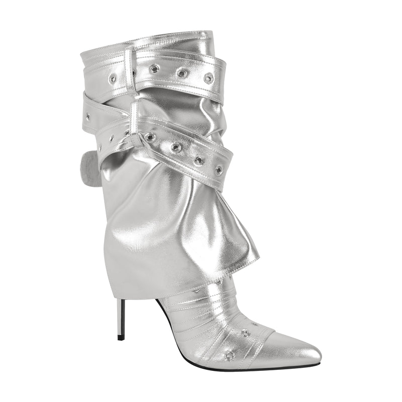 Metallic Pointed Toe Buckles Stiletto Ankle Boots