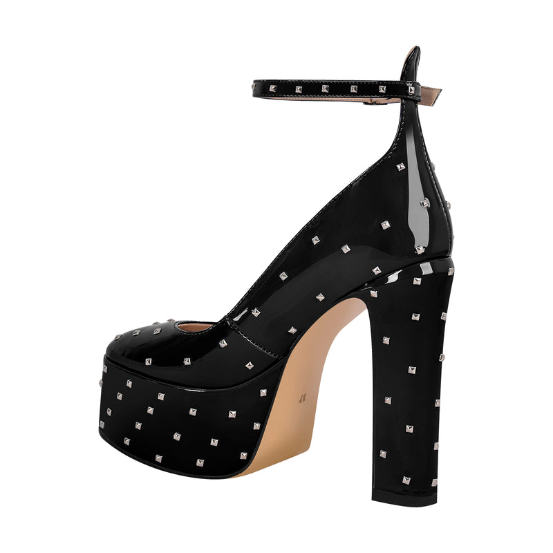 Rivet Platform Chunky Heel Ankle Strap Pumps