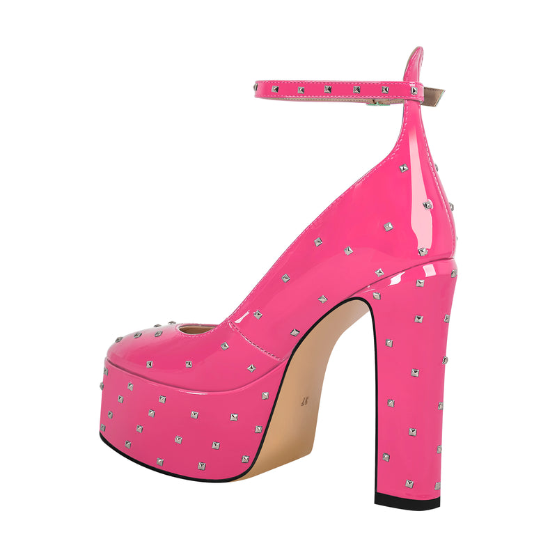 Rivet Platform Chunky Heel Ankle Strap Pumps