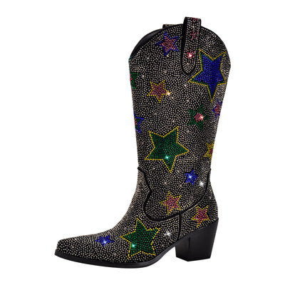 Rhinestone Star Chunky Heel Mid-Calf Western Boots