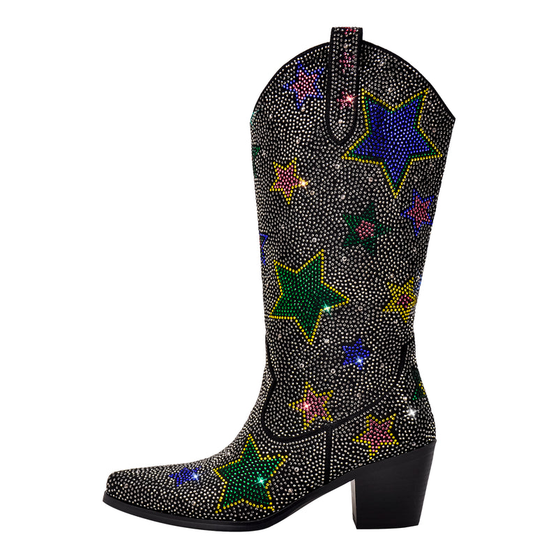 Rhinestone Star Chunky Heel Mid-Calf Western Boots