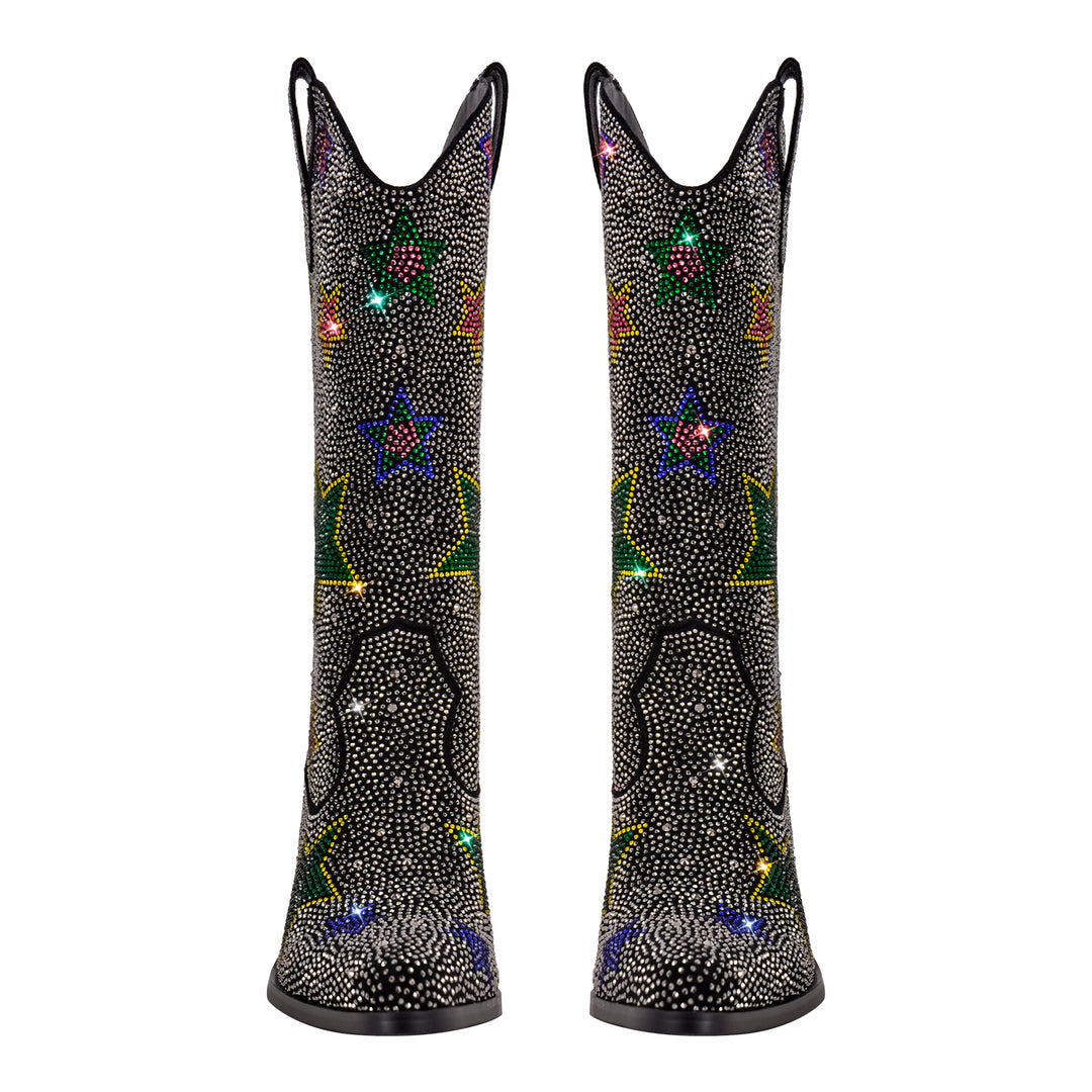 Rhinestone Star Chunky Heel Mid-Calf Western Boots – Onlymaker