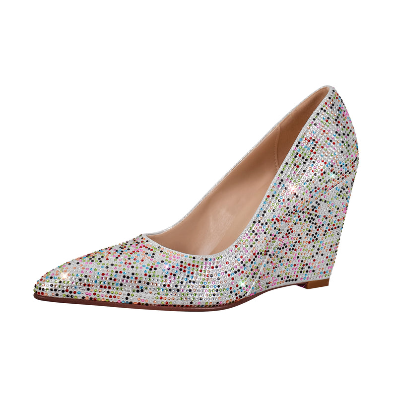 Rhinestone Pointed Toe Wedge Heel Pumps