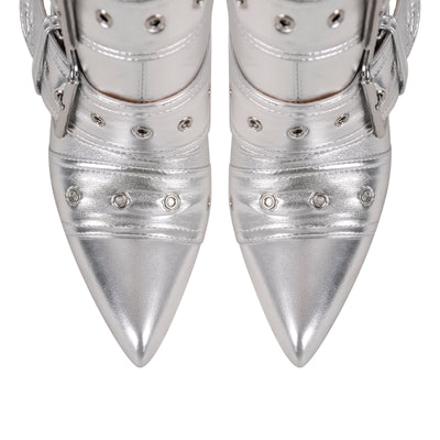 Metallic Pointed Toe Buckles Stiletto Ankle Boots