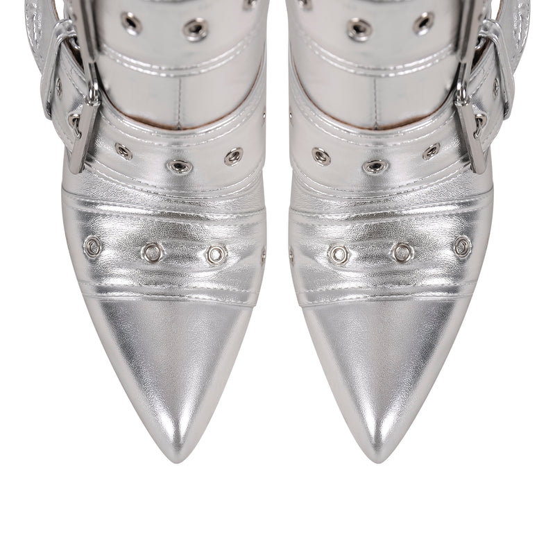 Metallic Pointed Toe Buckles Stiletto Ankle Boots