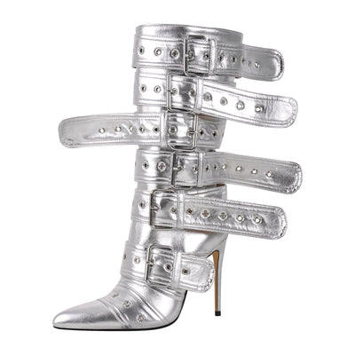 Metallic Pointed Toe Buckles Stiletto Ankle Boots