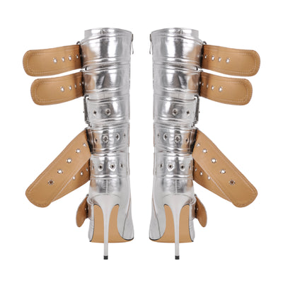 Metallic Pointed Toe Buckles Stiletto Ankle Boots
