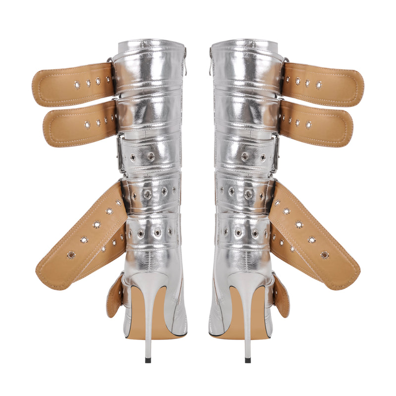 Metallic Pointed Toe Buckles Stiletto Ankle Boots