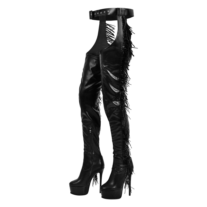 Black Side Fringe Stiletto Heeled Pant Boots