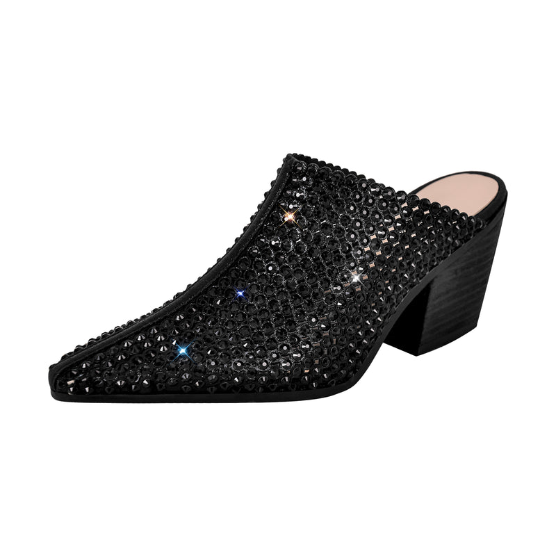 Rhinestone Wooden Chunky Heel Mules