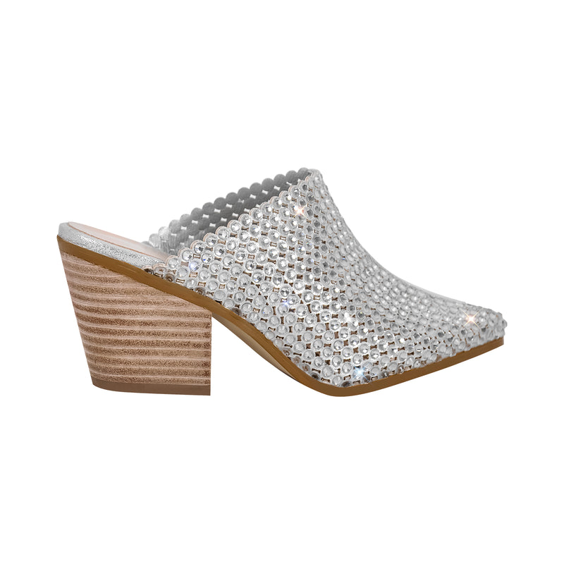 Rhinestone Wooden Chunky Heel Mules