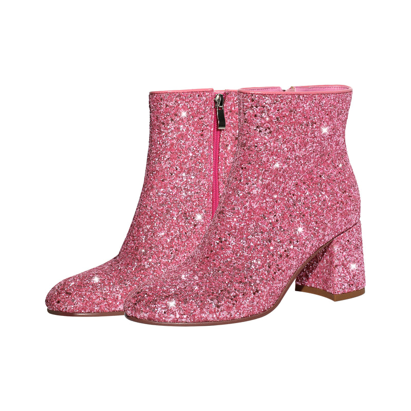 Round Toe Glitter Chunky Heel Ankle Boots