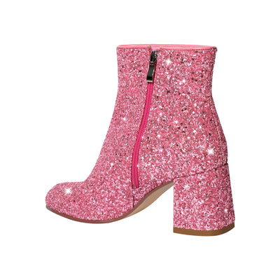 Round Toe Glitter Chunky Heel Ankle Boots