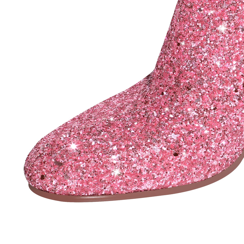 Round Toe Glitter Chunky Heel Ankle Boots